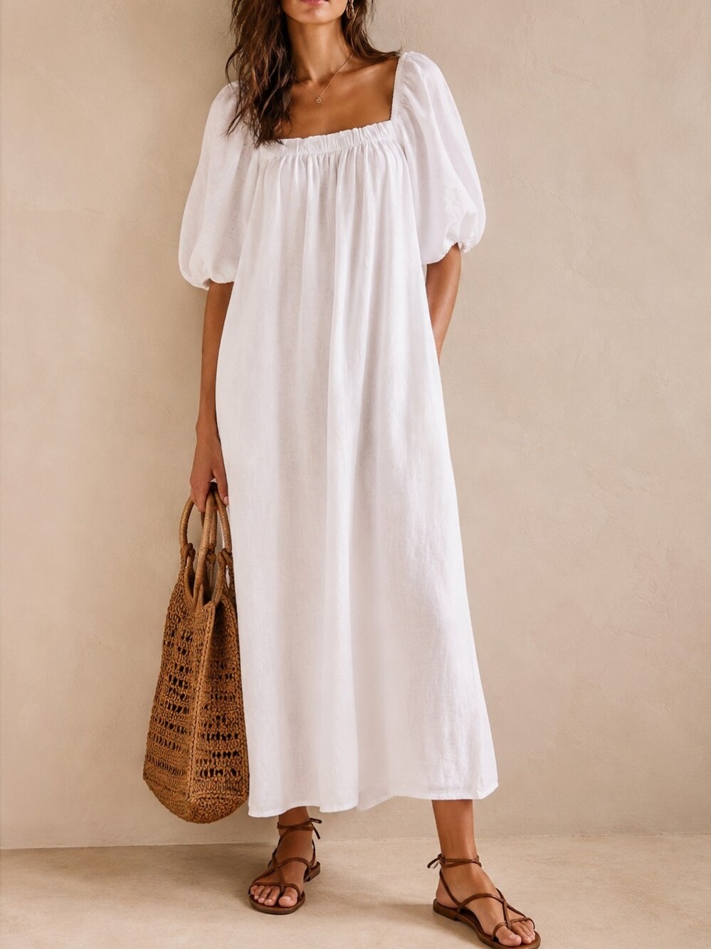 Made in Italy 100% Linen Boho White Puff-Sleeve Square Neck Maxi Dress O/S